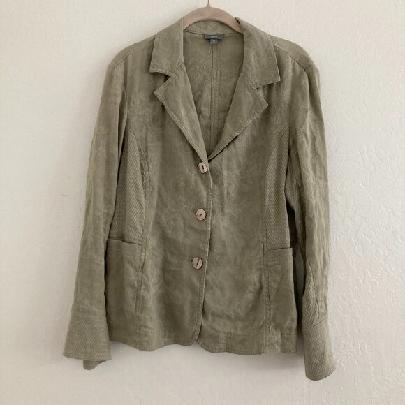 J Jill Linen Blend Green Button Front Jacket Floral Boho Lagenlook Size 10 - Picture 1 of 12